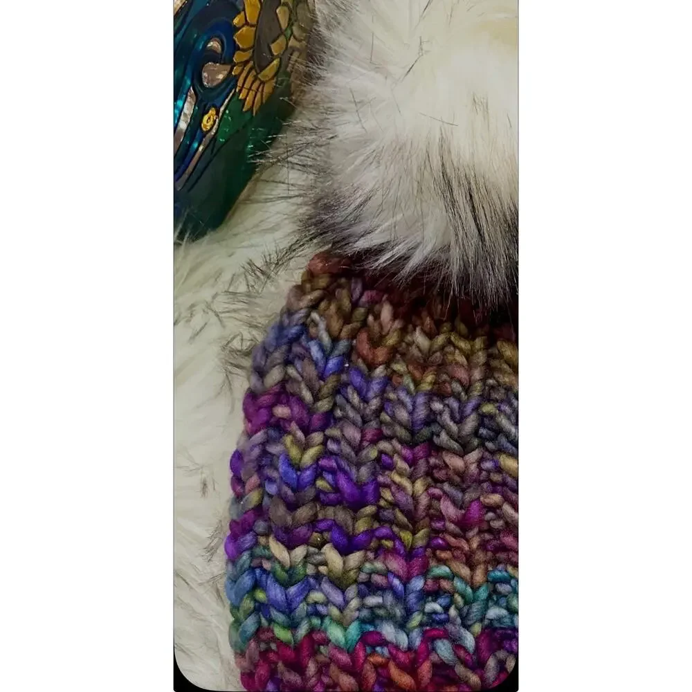 Hand Knit Scrappy Merino Wool Beanie: DefiKnitly Tasteful Knit Hat with Faux Fur